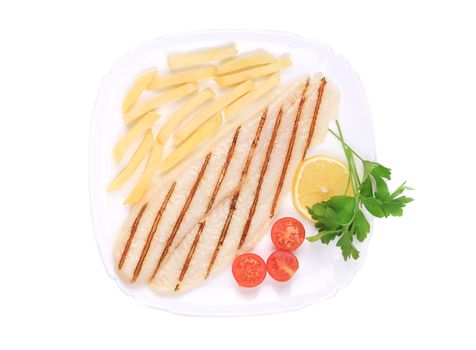 Grilled pangasius fish with french fries. Isolated on a white background.
