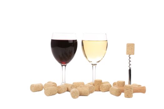 Wine glasses and corkscrew. Isolated on a white background.