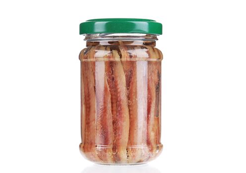 Canned anchovies. Isolated on a white background.