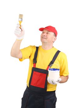 Smiling painter with tools. Isolated on a white background.