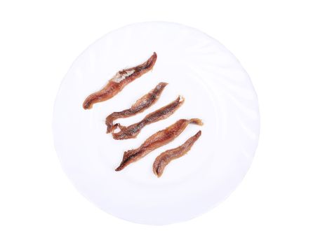 Delicious anchovy. Isolated on a white background.