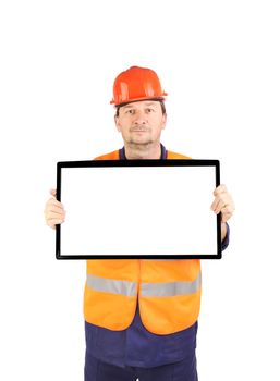 Workman with lcd monitor. Isolated on a white background.