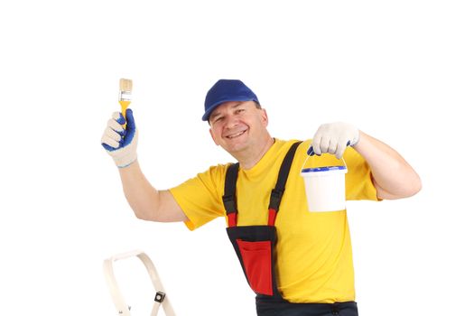 Smiling painter with tools. Isolated on a white background.