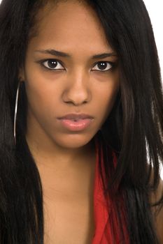 young beautiful woman closeup portrait, isolated on white