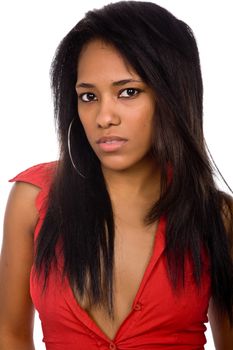 young beautiful woman closeup portrait, isolated on white