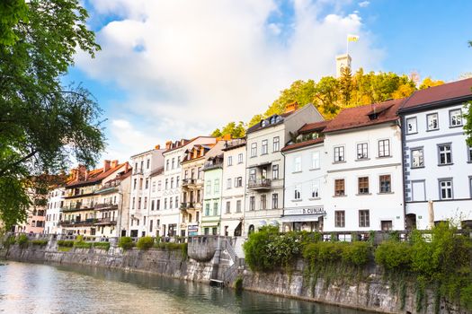 Medieval houses in Ljubljana old city centre on Ljublanica's bank. Ljubljana, Slovenia, Europe.