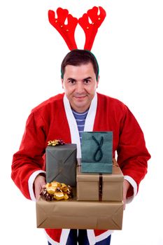 young man with santa hat holding some gifts, isolated