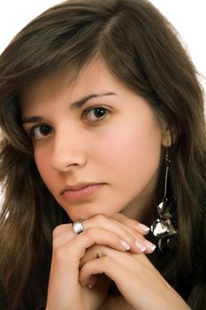 young beautiful pensive woman close up portrait