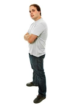 young casual man full body in a white background