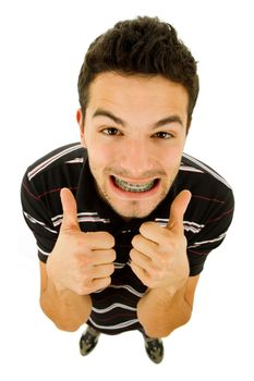 young casual silly man full length in a white background