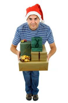 young man with santa hat holding a few gifts, isolated