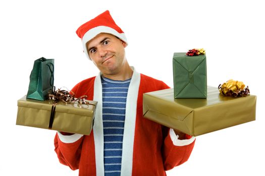 young man with santa hat holding some gifts, isolated