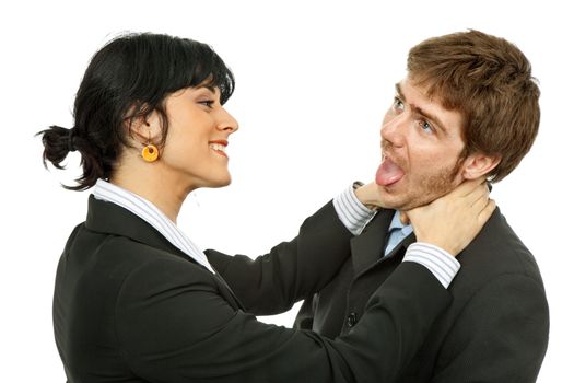 A business couple fighting isolated on white