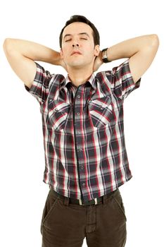 young casual man with a headache, isolated on white