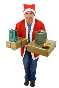 young man with santa hat holding a few gifts, isolated