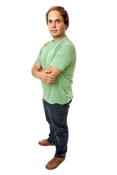 young casual man full body in a white background