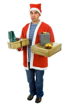 young man with santa hat holding a few gifts, isolated