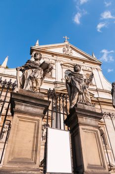 Sculptures in front of Church of Saints Peter and Paul in Krakow