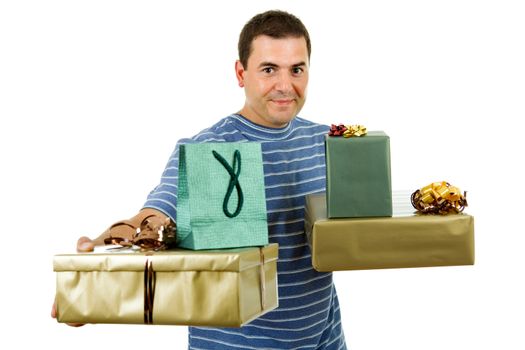 young casual man holding a few gifts, isolated