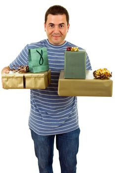 young casual man holding a few gifts, isolated