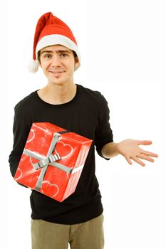 young man with santa hat holding a gift, isolated