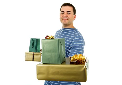 young casual man holding a few gifts, isolated