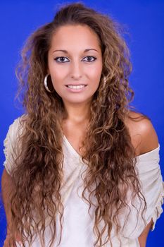 young beautiful woman, on a blue background