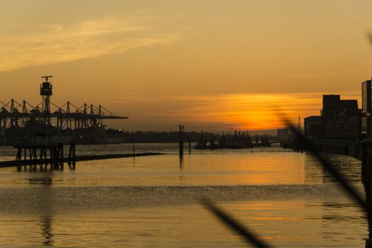 Sunset at the Docklands in Hamburg Altona Altstadt