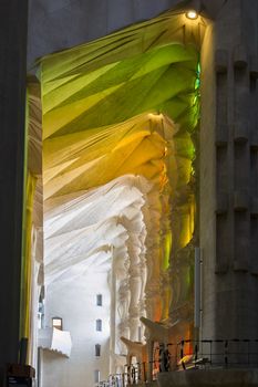 Particular of the colored light inside the Sagrada Familia in Barcelona