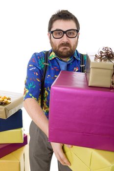 happy silly salesman with some boxes, isolated on white