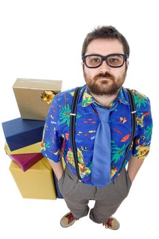 happy silly salesman with some boxes, isolated on white