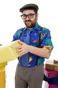 happy silly salesman with some boxes, isolated on white