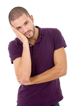 young casual man with a headache, isolated on white