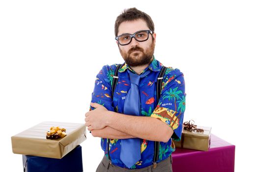 happy silly salesman with some boxes, isolated on white