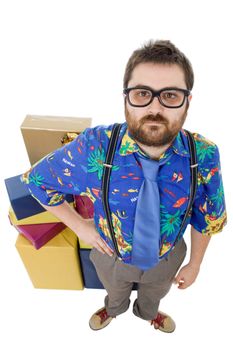 happy silly salesman with some boxes, isolated on white