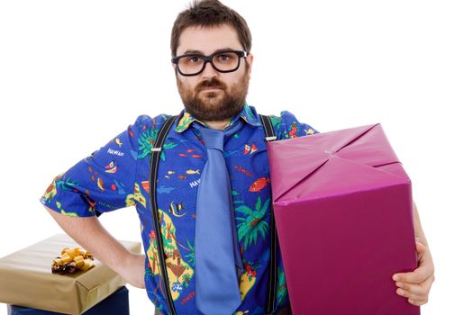 happy silly salesman with some boxes, isolated on white