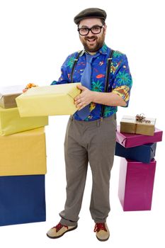 happy silly salesman with some boxes, isolated on white