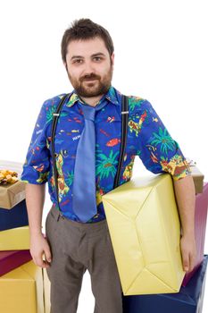 happy silly salesman with some boxes, isolated on white