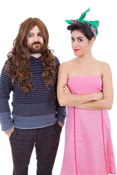 young sixties couple isolated, studio picture, focus on the woman