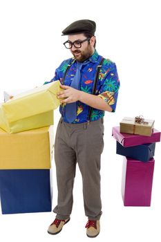 happy silly salesman with some boxes, isolated on white