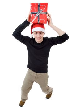 young man with santa hat holding a gift, isolated