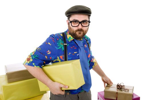 happy silly salesman with some boxes, isolated on white