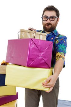 happy silly salesman with some boxes, isolated on white