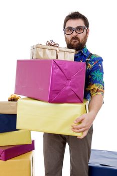 happy silly salesman with some boxes, isolated on white