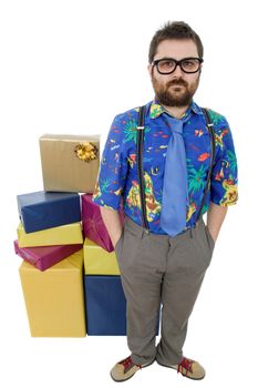 happy silly salesman with some boxes, isolated on white