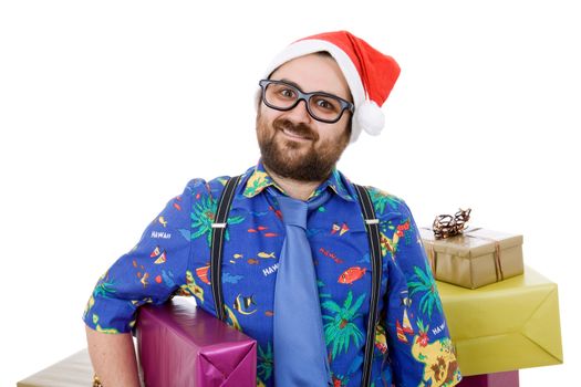 happy silly salesman with some boxes, isolated on white