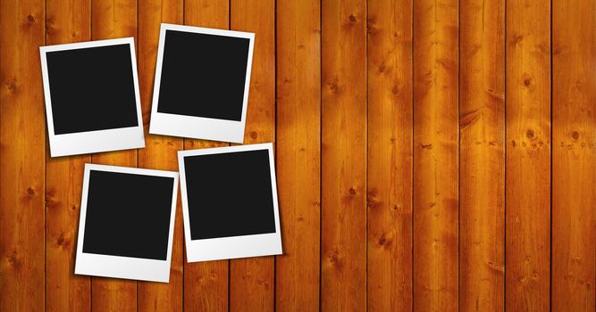 Four blank photo frames with shadow and empty space for your photograph, picture and copy on brown wooden background.