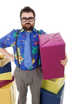 happy silly salesman with some boxes, isolated on white