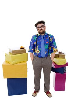 happy silly salesman with some boxes, isolated on white