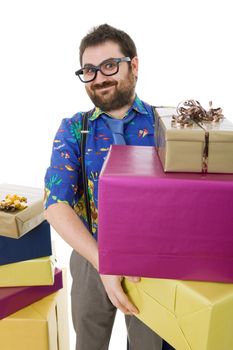 happy silly salesman with some boxes, isolated on white